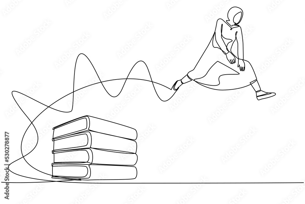 Single one line drawing Arab businesswoman jumping over pile of big ...