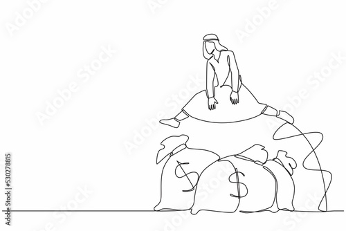 Single continuous line drawing Arab businessman jump over money bag. Wealth and successful business person. Business loan or funding to start company. One line draw graphic design vector illustration