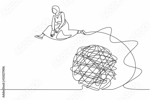 Continuous one line drawing Arab businesswoman jumping over tangled scribble. Solution looking for complicated problem. Overcoming complexity of problem. Single line design vector graphic illustration