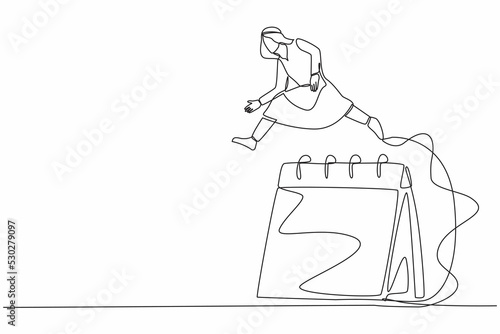 Continuous one line drawing Arab businessman jumping over big calendar. Scheduling management meeting forum for executive. Monthly business project plan. Single line design vector graphic illustration