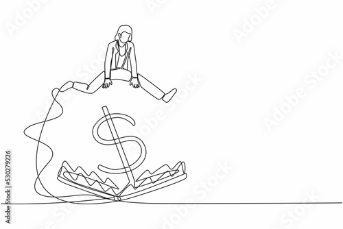 Continuous one line drawing businesswoman jumping over money pitfall with big money dollar symbol. Financial money trap, ponzi scheme or business pitfall. Single line draw design vector illustration photo
