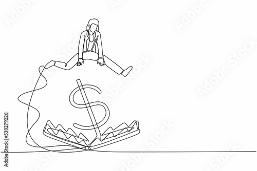 Continuous one line drawing businesswoman jumping over money pitfall with big money dollar symbol. Financial money trap, ponzi scheme or business pitfall. Single line draw design vector illustration