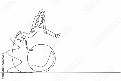 Single continuous line drawing businesswoman jumping over bomb. Explosion of the economic crisis that has an impact on increasing unemployment and poverty. One line graphic design vector illustration