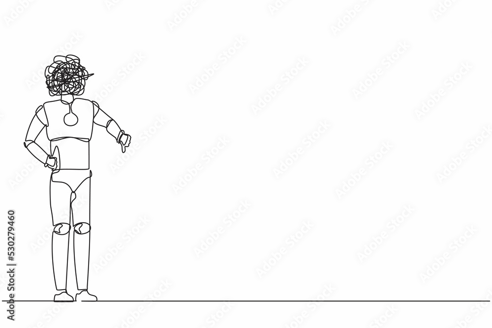 Single continuous line drawing robot with round scribbles instead of head, showing thumbs down sign, dislike, negative expressions. Future technology. One line draw graphic design vector illustration Single continuous line drawing robot with round scribbles instead of head, showing thumbs down sign, dislike, negative expressions. Future technology. One line draw graphic design vector illustration