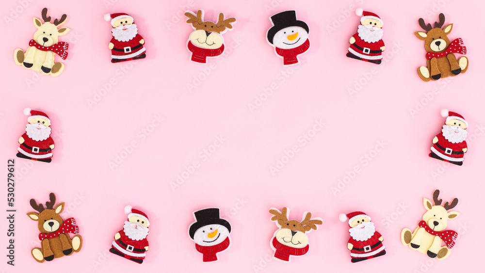 Creative cute frame with Santa Clous reindeer and snowman stickers. Copy space flat lay