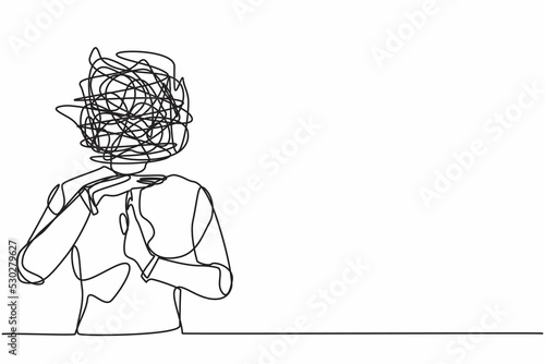 Single continuous line drawing robot with round scribbles instead of head. Stop working, time break gesture, timeout signal. Pause. Robotic artificial intelligence. One line design vector illustration