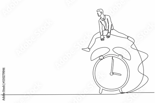 Single continuous line drawing smart and happy businessman jump over time passing alarm clock. Business deadline or working time efficiency concept. One line draw graphic design vector illustration