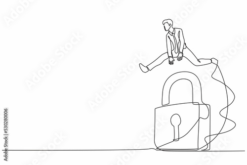 Single one line drawing businessman jumping over big lock. Solve business problem, professional solutions, success key or unlock business accessibility. Continuous line draw design vector illustration