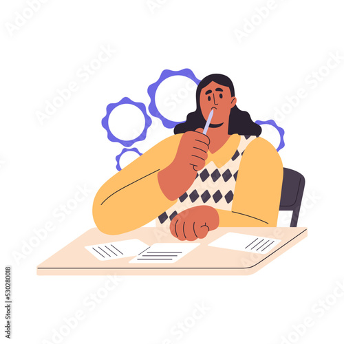 Puzzled student thinking at university exam. Woman confused with difficult task, sitting with papers at college desk during academic test. Flat graphic vector illustration isolated on white background
