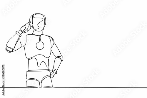 Single one line drawing robot standing with pointing his head, thinking something. Feeling optimistic, visionary. Future technology development. Continuous line draw design graphic vector illustration