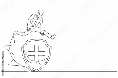 Single continuous line drawing businessman jumping over big shield. Money protection and finance defense. Financial insurance, fund safety, bank deposit assurance. One line design vector illustration
