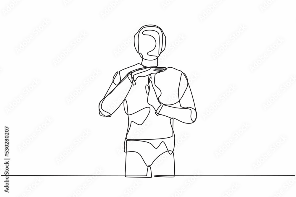 Continuous one line drawing robot standing with time break gesture, timeout signal. Pause. Stop working. Humanoid robot cybernetic organism. Future robotic. Single line draw design vector illustration Continuous one line drawing robot standing with time break gesture, timeout signal. Pause. Stop working. Humanoid robot cybernetic organism. Future robotic. Single line draw design vector illustration