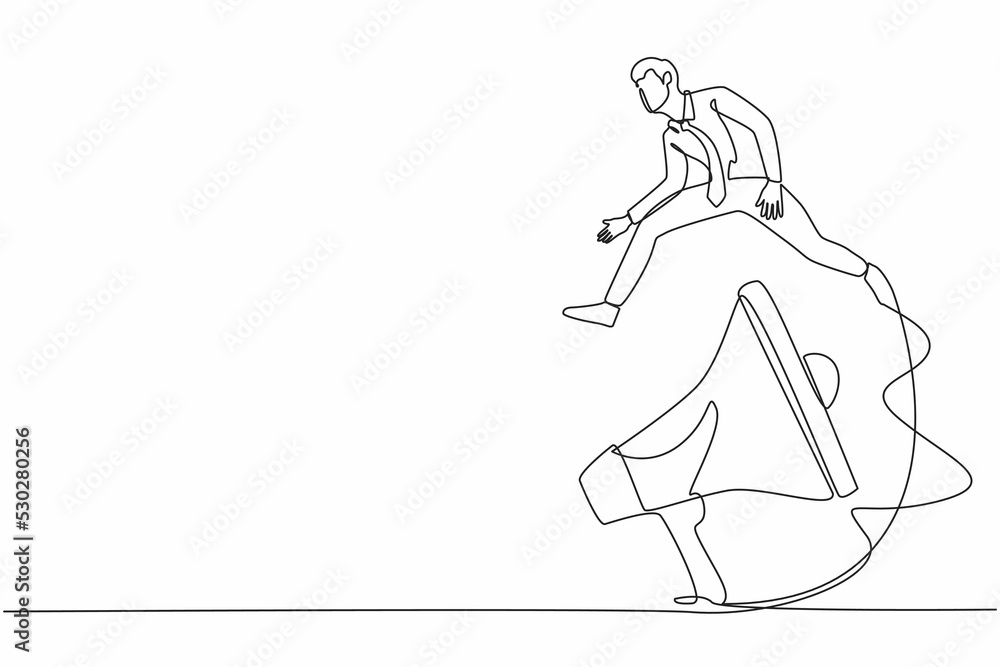 Single one line drawing businessman jumping over big megaphone. Technology for marketing. Person using speaker and giving announcement, advertising. Continuous line design graphic vector illustration