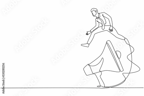Single one line drawing businessman jumping over big megaphone. Technology for marketing. Person using speaker and giving announcement, advertising. Continuous line design graphic vector illustration