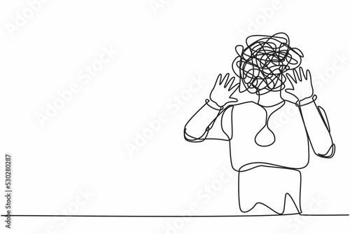 Single continuous line drawing robot with round scribble instead of head, shocked, afraid, scared, terrified, fear expression. Robotic artificial intelligence. One line draw design vector illustration