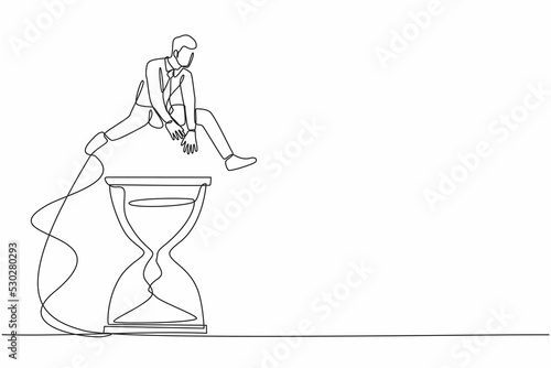 Continuous one line drawing businessman jump over or passing hourglass. Time management meeting in office. Business deadline or working time efficiency. Single line design vector graphic illustration