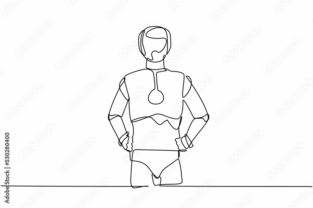 Continuous one line drawing robot standing and holding hand on hip. Confidence cyborg. Humanoid robot cybernetic organism. Future robotic development. Single line design vector graphic illustration
