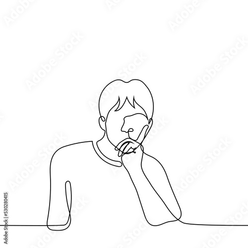 frowning man props his face up with his hand - one line drawing vector. the concept of thinking, unpleasant thoughts, dissatisfied