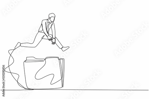 Continuous one line drawing businessman jumping over big folder icon. Office paper document and file folders. Analysing and researching creative process. Single line design vector graphic illustration