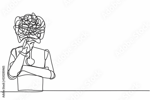 Single continuous line drawing robot with round scribbles instead of head, standing in thoughtful pose holding chin thinking. Robotic artificial intelligence. One line draw design vector illustration