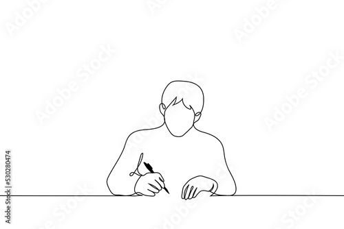 man uses fountain pen - one line drawing vector. concept write, sign, handwritten letter