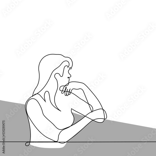 woman sitting at window or balcony looking outside - one line drawing vector. concept reverie, expectation, fatigue, contemplation, meditation, observe, calmness, harmony