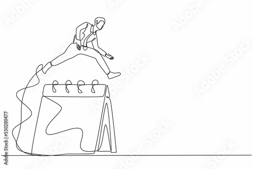 Single continuous line drawing businessman jumping over big calendar. Executive manager scheduling staff meeting, planning month work in desk calendar. One line draw graphic design vector illustration