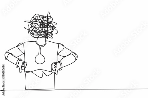 Single one line drawing robot with round scribbles instead of head, showing thumbs down sign, dislike, negative expression. Future technology development. Continuous line design vector illustration