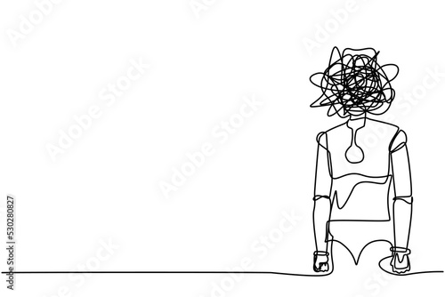 Single one line drawing robot with round scribbles instead of head, frustrated. Anxiety, confusion in thoughts. Future technology development. Continuous line draw design graphic vector illustration