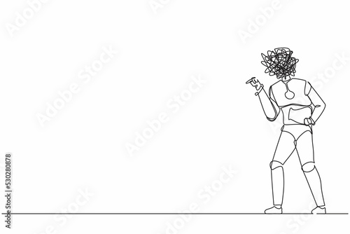 Single one line drawing robot with round scribbles instead of head, conflicting, fight aggressive. Blaming, criticizing. Humanoid robot cybernetic organism. Continuous line design vector illustration