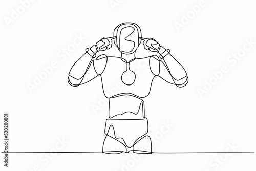 Continuous one line drawing robot standing with covering ears with fingers and annoyed expression for noise of loud sound or music. Humanoid robot organism. Single line draw design vector illustration