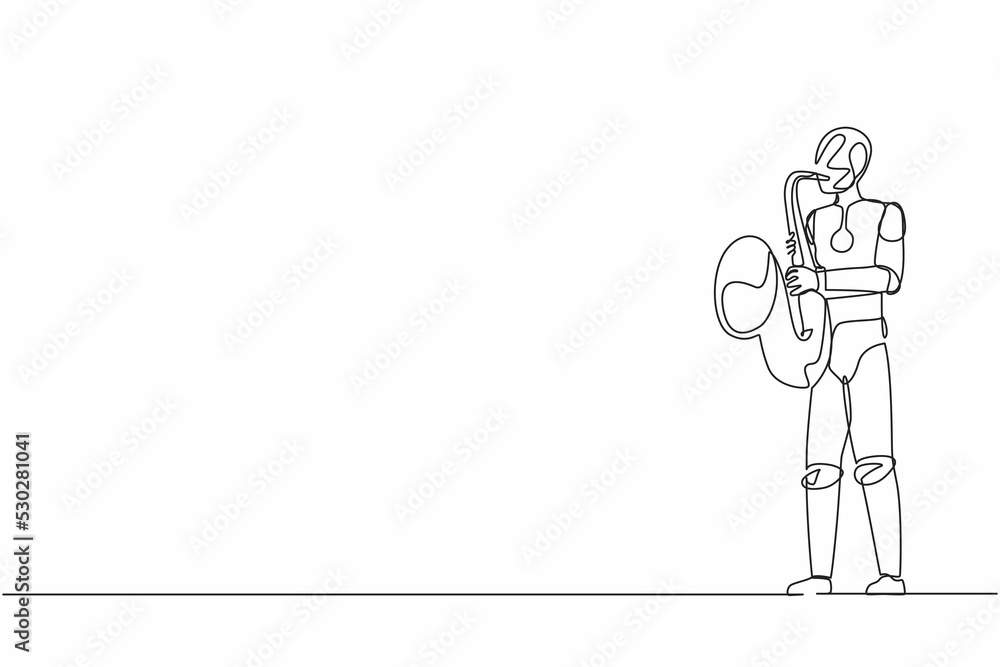 Single one line drawing robot saxophonist perform in festival jazz music. Future technology development. Artificial intelligence and machine learning. Continuous line draw design vector illustration
