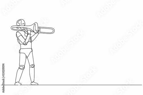 Continuous one line drawing robot play trombone wind instrument at classic music event. Humanoid robot cybernetic organism. Future robotic development. Single line design vector graphic illustration