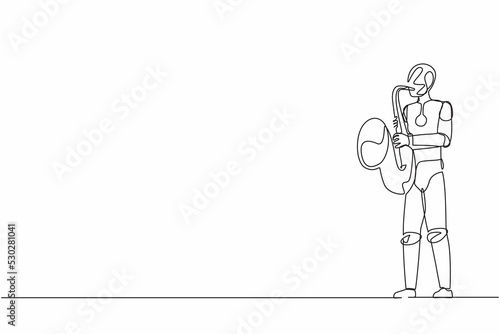 Single one line drawing robot saxophonist perform in festival jazz music. Future technology development. Artificial intelligence and machine learning. Continuous line draw design vector illustration