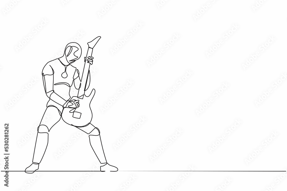 Continuous one line drawing robot guitarist perform playing electric guitar on stage. Humanoid robot cybernetic organism. Future robot development. Single line draw design vector graphic illustration Continuous one line drawing robot guitarist perform playing electric guitar on stage. Humanoid robot cybernetic organism. Future robot development. Single line draw design vector graphic illustration