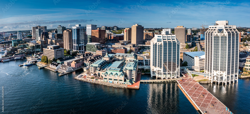 Halifax Nova Scotia, Canada, September 2022, panoramic aerial view of Downtown Halifax with modern buildings located at waterfront  - obrazy, fototapety, plakaty 