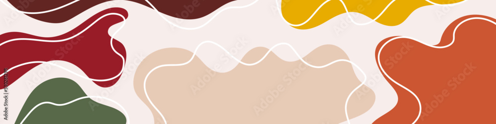 Abstract organic wavy shapes background. Hand drawn autumn colors horizontal banner. For newsletter, web header, social media post, promotional banner and advertising. Vector illustration, flat design Abstract organic wavy shapes background. Hand drawn autumn colors horizontal banner. For newsletter, web header, social media post, promotional banner and advertising. Vector illustration, flat design