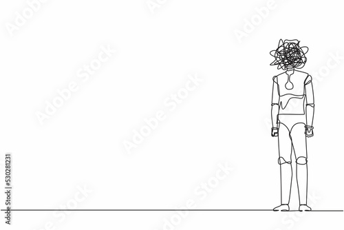 Continuous one line drawing robot with round scribbles instead of head, standing with nervous. Anxiety, confusion in thoughts. Humanoid cybernetic organism. Single line draw design vector illustration