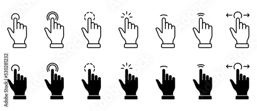 Computer Mouse Cursor Finger Line and Silhouette Icon Set. Hand Pointer Gesture on Website Black Pictogram Set. Click Press Double Tap Touch Swipe Point Sign. Isolated Vector Illustration