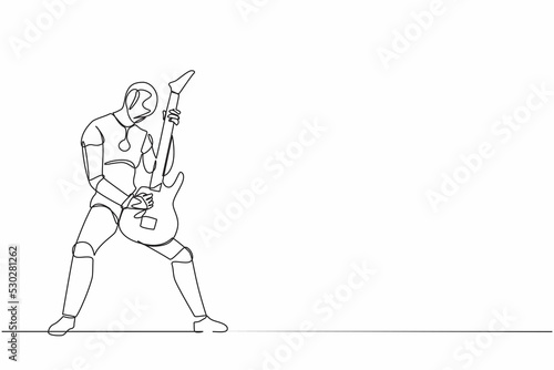 Continuous one line drawing robot guitarist perform playing electric guitar on stage. Humanoid robot cybernetic organism. Future robot development. Single line draw design vector graphic illustration © Simple Line