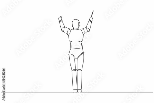 Continuous one line drawing back view of robot conductor performing on stage, directing symphony orchestra. Humanoid robot cybernetic organism. Single line draw design vector graphic illustration