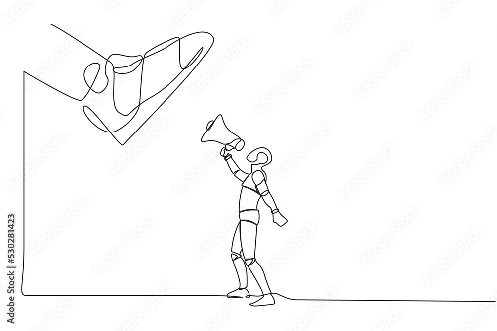 Vetor de Single continuous line drawing robot speaking with megaphone ...