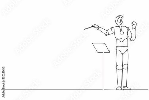 Single continuous line drawing expressive robot conductor directs music orchestra. Modern robotic artificial intelligence. Electronic technology industry. One line graphic design vector illustration
