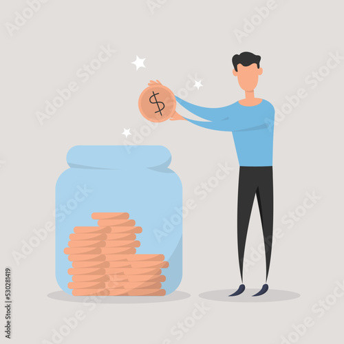 Man sitting on glass jars and looking for investment opportunity, money visionary, searching for yield, dividend or profit in stock market concept. Cartiin design.