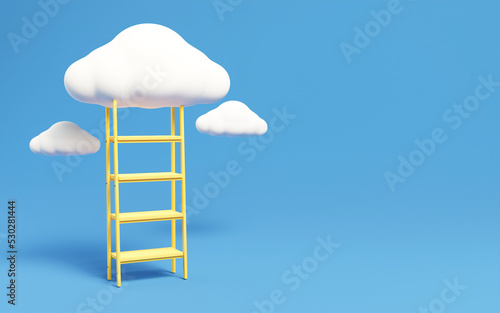 3D Yellow stair with cloud floating isolated blue background. stairway to the white cloud, Dreams of better growth and development, copy space, ladder 3D rendering. photo