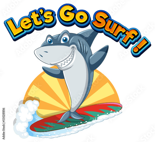 Cute shark cartoon character surfing