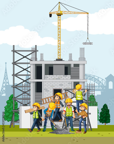 Building construction site with workers