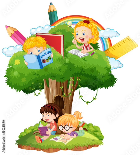 Children with tree on white background