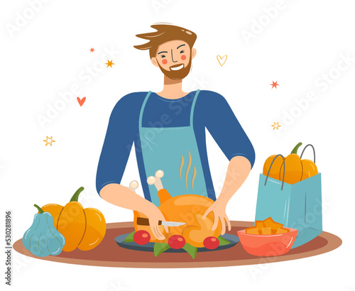 A young man cooks a turkey. Thanksgiving dinner. Blogger guy or video blogger, chef vector illustration of live broadcasting channel on the internet. Design for postcards, posters, flyers, websites