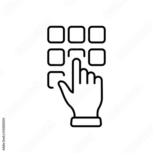Hand Enter Password on Dial Keypad Line Icon. Security Bank Key Number on ATM Button Linear Pictogram. Finger Entry Pin Code on Keyboard Outline Icon. Editable Stroke. Isolated Vector Illustration